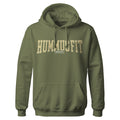 The Hummus Fit Varsity EVOLVE Hoodie Olive is a mid-weight fleece gym hoodie featuring a front pocket, drawstrings, "HUMMUSFIT" in large beige letters across the chest, and "MMXVI" in a small box below.