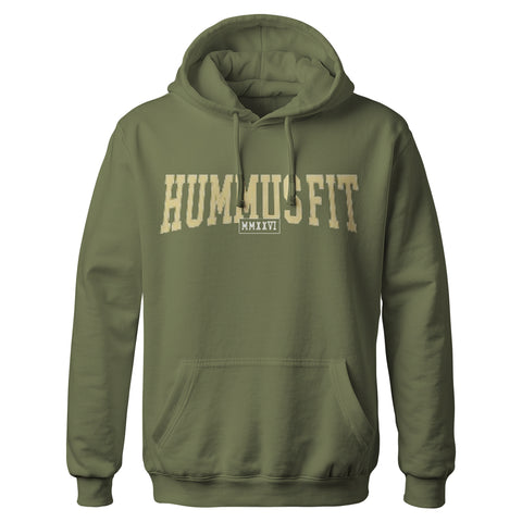 The Hummus Fit Varsity EVOLVE Hoodie Olive is a mid-weight fleece gym hoodie featuring a front pocket, drawstrings, "HUMMUSFIT" in large beige letters across the chest, and "MMXVI" in a small box below.