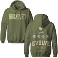 The Hummus Fit Varsity EVOLVE Hoodie Olive is crafted from mid-weight fleece, featuring HUMNUS FIT MMXVII on the front and bold emblem graphics with EVOLVE text on the back—your ideal gym hoodie.