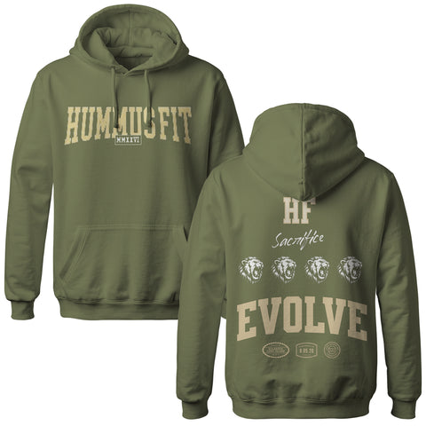 The Hummus Fit Varsity EVOLVE Hoodie Olive is crafted from mid-weight fleece, featuring HUMNUS FIT MMXVII on the front and bold emblem graphics with EVOLVE text on the back—your ideal gym hoodie.
