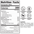 Nutrition Facts label for HFit Signature Fold, a healthy meal with 389 calories per serving. Includes icons for dairy, gluten, soy, and eggs. Made with grilled chicken breast, lavash, cheese, chipotle ranch, and banana peppers—great for meal prep.