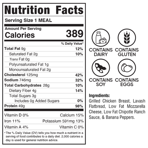 Nutrition Facts label for HFit Signature Fold, a healthy meal with 389 calories per serving. Includes icons for dairy, gluten, soy, and eggs. Made with grilled chicken breast, lavash, cheese, chipotle ranch, and banana peppers—great for meal prep.