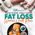 Fitness gear including sneakers, a foam roller, dumbbells, and a water bottle placed above a plate with a wrap, a bowl of blueberries, and a bagel, alongside a high-protein meal plan and a Women’s Fat Loss Fall Plan.