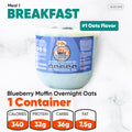 A container of blueberry muffin overnight oats from the Women’s Fat Loss Fall Plan, labeled with 340 calories, 32g protein, 36g carbs, and 7.5g fat.