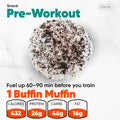 A muffin topped with white frosting and chocolate cookie crumbles displayed with nutritional information for the Women’s Fat Loss Fall Plan, including calories, protein, carbs, and fat.