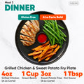A meal from the Women’s Fat Loss Fall Plan featuring halal grilled chicken, green beans, and sweet potato fries with red sauce, accompanied by text detailing the meal components and dietary labels.