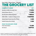 A grocery list for the Women’s Fat Loss Fall Plan, featuring quantities for overnight oats, burritos, muffins, sweet potato fries, halal grilled chicken, green beans, and hot sauce.