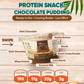 A Hot Girl Spring Break Meal Plan container of chocolate protein pudding is shown with arrows labeling whey protein, stevia, and coconut milk. Key nutritional info and benefits are highlighted at the bottom.