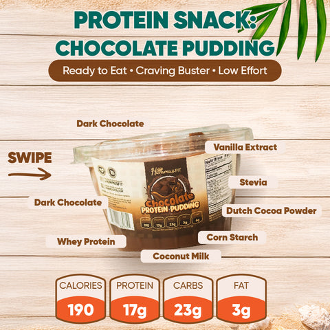 A Hot Girl Spring Break Meal Plan container of chocolate protein pudding is shown with arrows labeling whey protein, stevia, and coconut milk. Key nutritional info and benefits are highlighted at the bottom.