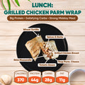 The Hot Girl Spring Break Meal Plan features a grilled chicken parm wrap on a black plate, sliced to reveal wheat tortilla, grilled chicken, herbs, tomato sauce, skim mozzarella, and Parmesan. Nutrition facts are shown below.