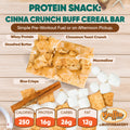 A Hot Girl Spring Break Meal Plan bar with labeled ingredients: whey protein, unsalted butter, cinnamon toast crunch, maxmallow, rice crisps. Nutrition facts: 250 calories, 16g protein, 26g carbs, 12g fat. Buffin Bakery logo shown.
