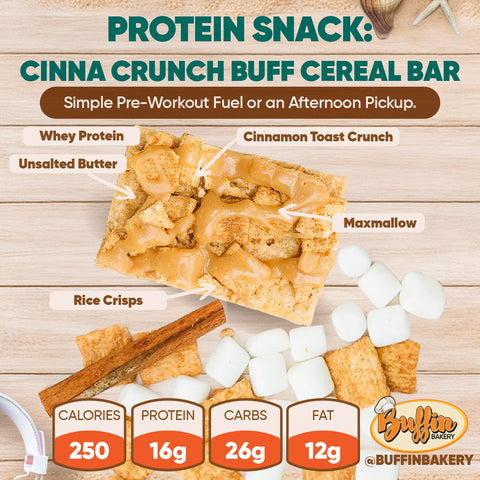 A Hot Girl Spring Break Meal Plan bar with labeled ingredients: whey protein, unsalted butter, cinnamon toast crunch, maxmallow, rice crisps. Nutrition facts: 250 calories, 16g protein, 26g carbs, 12g fat. Buffin Bakery logo shown.