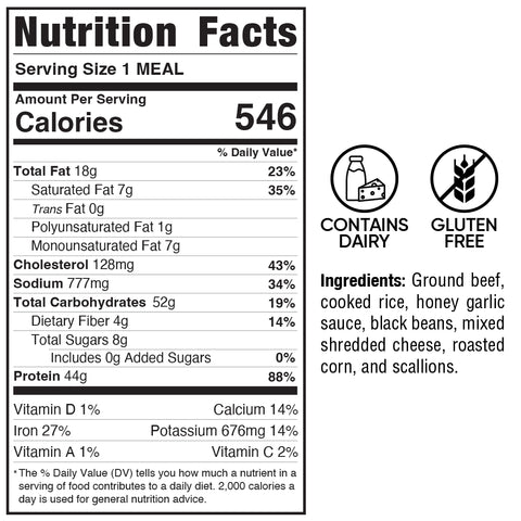Nutrition facts label for Honey Garlic Beef Bowl: 546 calories per serving. Contains dairy, gluten free. Main ingredients are ground beef, black beans, rice, cheese, and corn. Key nutrition values provided.