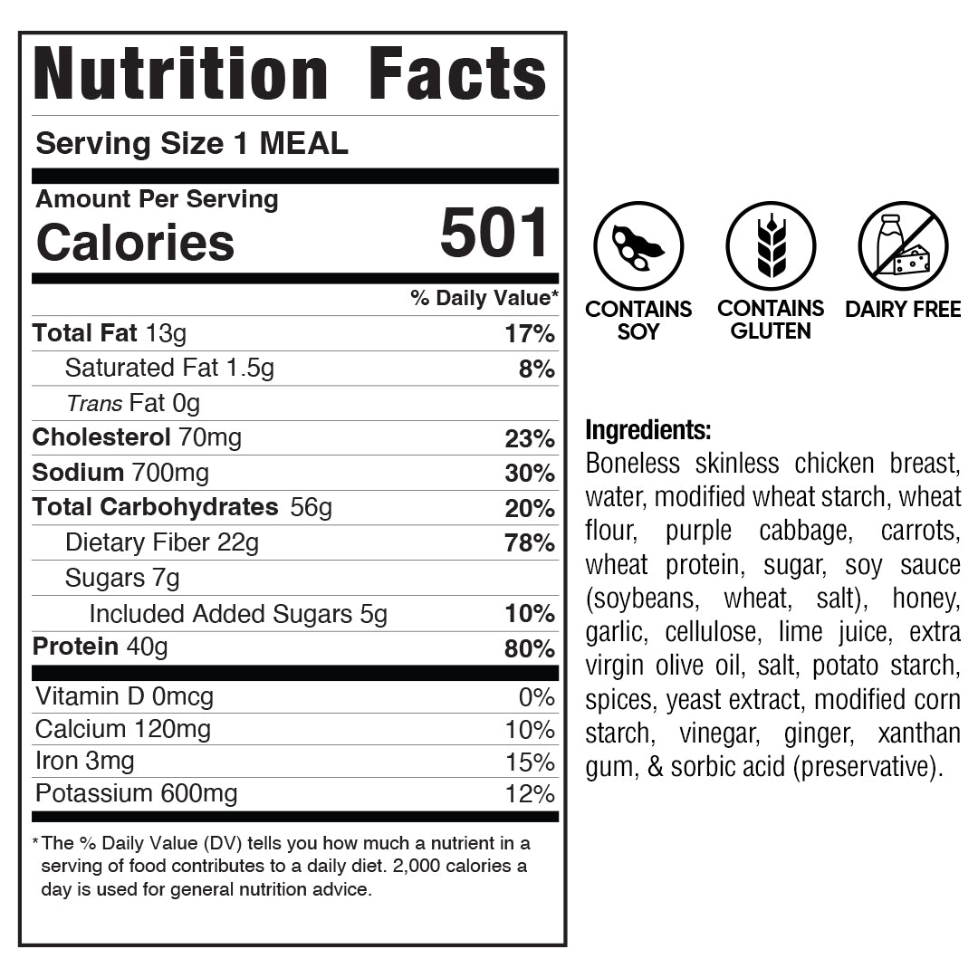 Nutrition facts label for a meal, showing 501 calories per serving. Honey Garlic Crispy Chicken Tacos is a high-protein meal prep option that contains soy and gluten but is dairy-free. Ingredients include chicken, vegetables, starches, soy sauce, and seasonings—an ideal choice for anyone seeking a nutritious meal inspired by Honey Garlic Chicken Taco flavors.
