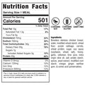 Nutrition facts label for a meal, showing 501 calories per serving. Honey Garlic Crispy Chicken Tacos is a high-protein meal prep option that contains soy and gluten but is dairy-free. Ingredients include chicken, vegetables, starches, soy sauce, and seasonings—an ideal choice for anyone seeking a nutritious meal inspired by Honey Garlic Chicken Taco flavors.