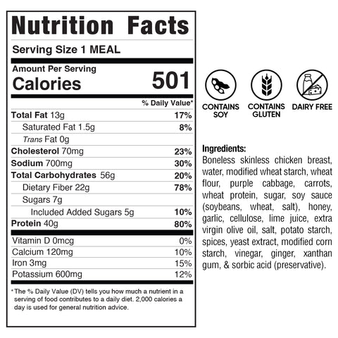 Nutrition facts label for a meal, showing 501 calories per serving. Honey Garlic Crispy Chicken Tacos is a high-protein meal prep option that contains soy and gluten but is dairy-free. Ingredients include chicken, vegetables, starches, soy sauce, and seasonings—an ideal choice for anyone seeking a nutritious meal inspired by Honey Garlic Chicken Taco flavors.