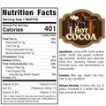 HOT COCOA EXCLUSIVE 25 MAX PER ORDER: 401 calories per muffin, with full ingredients, allergen info, product claims, and an image featuring a mug of hot cocoa with whipped cream and mini marshmallows.