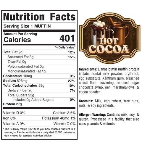 HOT COCOA EXCLUSIVE 25 MAX PER ORDER: 401 calories per muffin, with full ingredients, allergen info, product claims, and an image featuring a mug of hot cocoa with whipped cream and mini marshmallows.