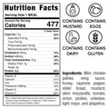 Nutrition facts for Hot Honey Chicken Sliders: 477 calories, high protein, fat, cholesterol, sodium, vitamins. Contains mustard, eggs, dairy, gluten see icons. Ingredients are listed below the icons.