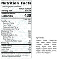 Nutrition facts label for Hot Honey Steak Mac, showing 430 calories, 14g total fat, and 29g protein per serving—ideal for high-protein meal prep. Ingredients list is displayed next to the label.