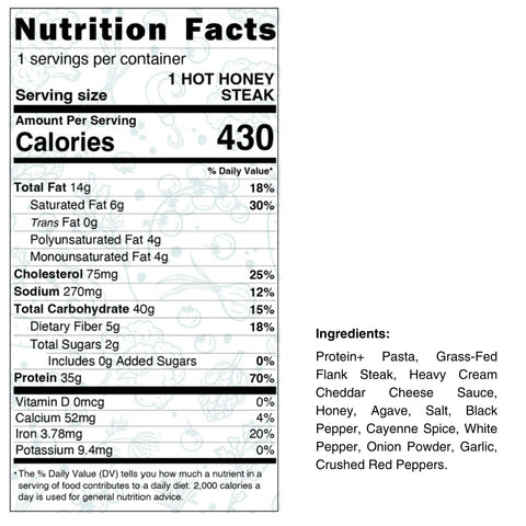 Nutrition facts label for Hot Honey Steak Mac, showing 430 calories, 14g total fat, and 29g protein per serving—ideal for high-protein meal prep. Ingredients list is displayed next to the label.