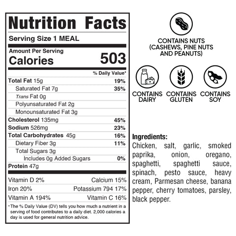 The Hulky Spaghetti Bowl nutrition label shows 503 calories per serving, 15g fat 7g saturated, 45g carbs 3g sugar, and 36g protein. Contains dairy, gluten, and soy. See below for full ingredients list.