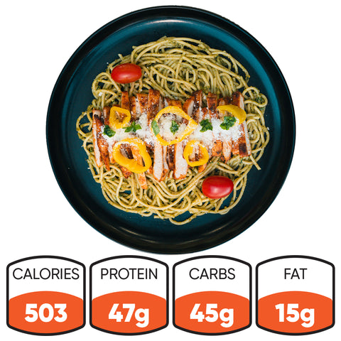 The Hulky Spaghetti Bowl features pesto pasta, grilled high-protein chicken, yellow bell peppers, parmesan, and cherry tomatoes—503 calories, 47g protein, 45g carbs, and 15g fat. Perfect for meal prep.