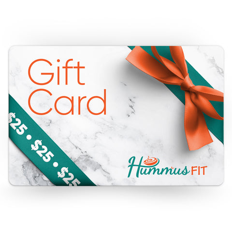 A 25 Hummus Fit Gift Card displays an orange and green ribbon bow on a marble background, “Gift Card” in orange text, and the Hummus Fit logo at the bottom right—ideal for any health-focused gift.
