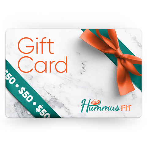 The Hummus Fit Gift Card features a white marble pattern, an orange bow, green ribbon with "50" text, and "Gift Card" in orange—an ideal fitness gift for those passionate about healthy eating.