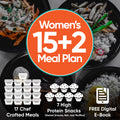 A graphic promoting the Women's Meal Plan 15+2, featuring 17 chef-crafted, dietitian-approved meals, 7 high-protein snacks, and a free digital ebook. Background displays bowls of meals with icons for meals, snacks, and the ebook.