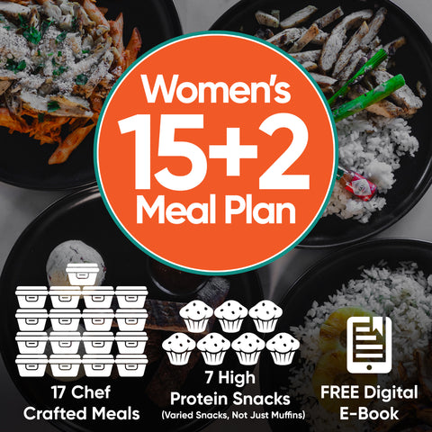 A graphic promoting the Women's Meal Plan 15+2, featuring 17 chef-crafted, dietitian-approved meals, 7 high-protein snacks, and a free digital ebook. Background displays bowls of meals with icons for meals, snacks, and the ebook.