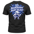 A black graphic tee named “I Love Bloobs T-Shirt - Black,” featuring a muscular cartoon blueberry character, bold blue and white “Blueberry Buff Blast” text, and playful blueberry graphics with splashes—perfect for fans of Buffin Bakery’s fun style.