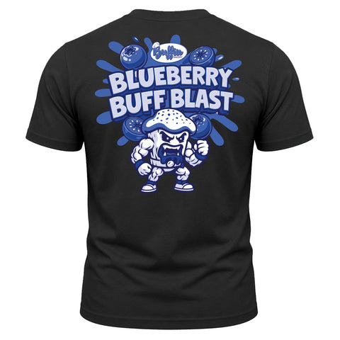 A black graphic tee named “I Love Bloobs T-Shirt - Black,” featuring a muscular cartoon blueberry character, bold blue and white “Blueberry Buff Blast” text, and playful blueberry graphics with splashes—perfect for fans of Buffin Bakery’s fun style.
