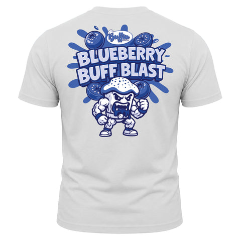 Sure Here’s a revised sentence using your product data: The “I Love Bloobs T-Shirt - White” showcases a muscular cartoon blueberry surrounded by blueberries and bold blue “Blueberry Buff Blast” lettering on the back—perfect for fans of Buffin Bakery’s playful style.