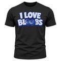 The I Love Bloobs T-Shirt - Black features the playful phrase “I LOVE BLOOBS” in bold letters, with two blueberries cleverly replacing the Os in “BLOOBS”—a fun tribute to Buffin Bakery’s signature Blueberry Buff Blast.