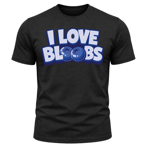 The I Love Bloobs T-Shirt - Black features the playful phrase “I LOVE BLOOBS” in bold letters, with two blueberries cleverly replacing the Os in “BLOOBS”—a fun tribute to Buffin Bakery’s signature Blueberry Buff Blast.