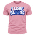 The I Love Bloobs T-Shirt - Pink is a vibrant graphic shirt featuring bold “I LOVE BLOOBS” text, with the Os in “BLOOBS” creatively illustrated as cartoon blueberries bursting with blueberry energy.