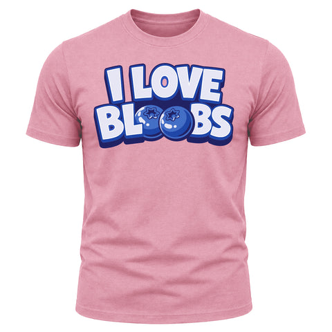 The I Love Bloobs T-Shirt - Pink is a vibrant graphic shirt featuring bold “I LOVE BLOOBS” text, with the Os in “BLOOBS” creatively illustrated as cartoon blueberries bursting with blueberry energy.