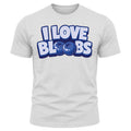 The I Love Bloobs T-Shirt - White features bold text with the word “BLOOBS” where the two Os are illustrated as cartoon blueberries with small faces, inspired by Buffin Bakery’s signature blueberry treats.