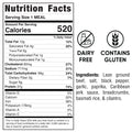 Nutrition Facts for Caribbean Jerk Meatballs 1 meal: 520 calories, 12g fat, 66g carbs, 37g protein. Dairy-free but contains gluten. Enjoy high-protein beef meatballs with spices, breadcrumbs, basmati rice, and cilantro.