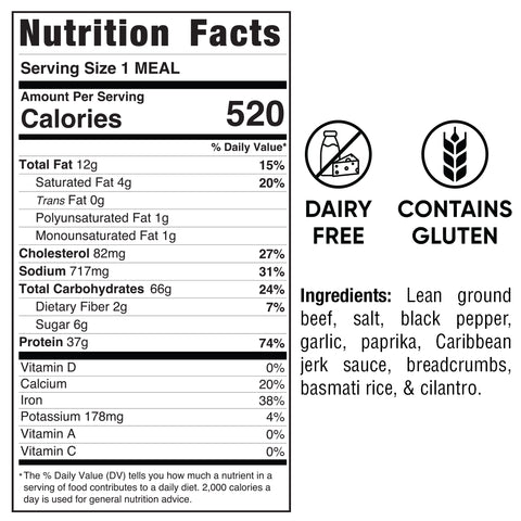 Nutrition Facts for Caribbean Jerk Meatballs 1 meal: 520 calories, 12g fat, 66g carbs, 37g protein. Dairy-free but contains gluten. Enjoy high-protein beef meatballs with spices, breadcrumbs, basmati rice, and cilantro.