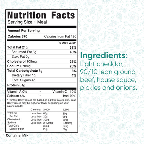 Low Carb Keto Cheeseburger Bowl nutrition: 370 calories, 24g fat, 105mg cholesterol, 670mg sodium, 11g carbs, and 31g protein. Includes light cheddar, high-protein 90/10 beef, house sauce, pickles onions.