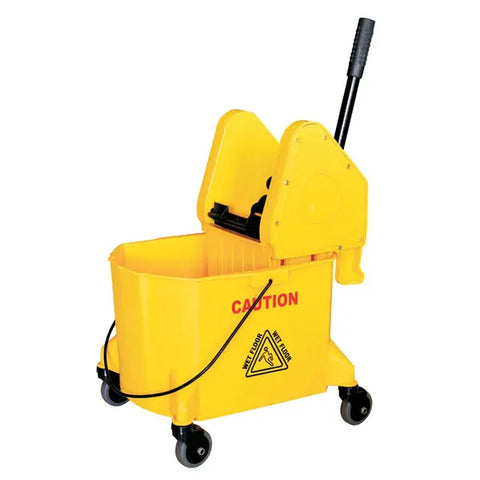 The mop bucket features a yellow body, black wringer and handle, four black caster wheels, and a "Caution Wet Floor" label in red and black on the side.