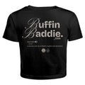 The Buffin Baddie Club Definition Crop Tee — Black is a streetwear baby-tee displaying Buffin Baddie Club text, a definition for confident, stylish, attractive women, and two globe icons beneath the print.