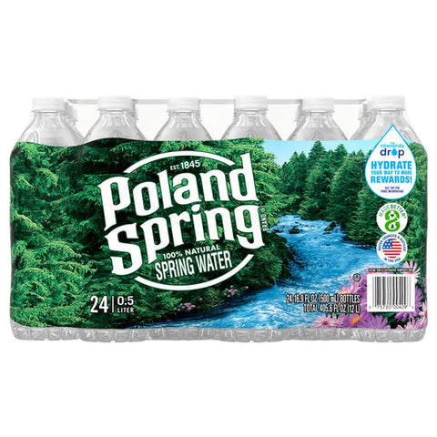 A 24-pack of POLAND SPRING 100 Natural Spring Water bottles features scenic labels with forests, rivers, and mountains. The package displays recycling information and promotes hydration rewards.