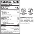 Nutrition label for Lemon Pepper Chicken With Sweet Fries: 482 calories, 14g fat, 47g carbs, 42g protein. Gluten free; contains dairy. Ingredients: Lemon Pepper Chicken, sweet potato fries, cheese, salt, parsley, and lemon.