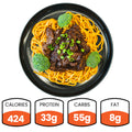 Plate of lo mein with beef and broccoli, accompanied by nutritional information icons.