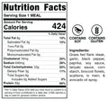 Lo Mein Teriyaki Steak nutrition facts label: 424 calories per serving, high protein. Contains soy and gluten. Made with grass-fed flank steak, vegetables, seasonings, and avocado oil spray.