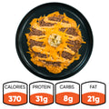 The Low Carb Keto Cheeseburger Bowl features ground beef, melted cheddar, and diced onions for a tasty high-protein, low-carb meal. Nutrition: 370 calories, 31g protein, 8g carbs, 21g fat.