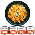 A black plate holds a Low Carb Keto Cheeseburger Bowl: ground meat, shredded cheddar, chopped onions, and creamy orange sauce. Nutrition facts show 370 calories, 31g protein, 8g carbs, and 21g fat for this high-protein, low-carb meal.